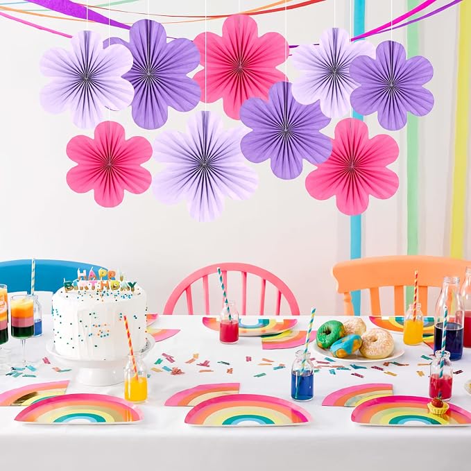 SUNBEAUTY Paper Flowers Decorations for Wall, Purple and Pink for Wall Paper Flower Fan Classroom Decoration Paper Floral Backdrop Decor Paper Fans Decoration Hanging Paper Flower Wall Decor Set of 9