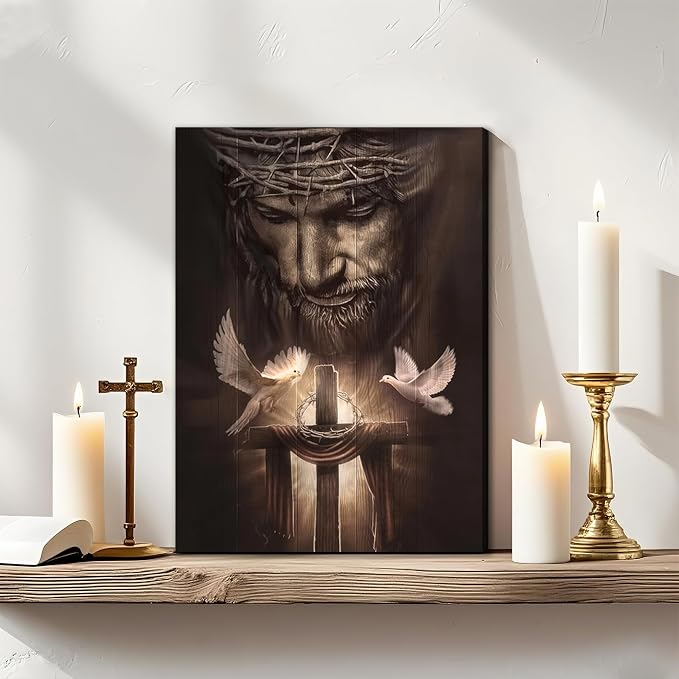 Fantasy Artists Framed Jesus Christ Canvas Wall Art The Cross and Peace Dove Christian Painting Prints Biblical Wall Decor Religious Room Decor for Church Prayer Room Schools Hospitals 12" x 16"