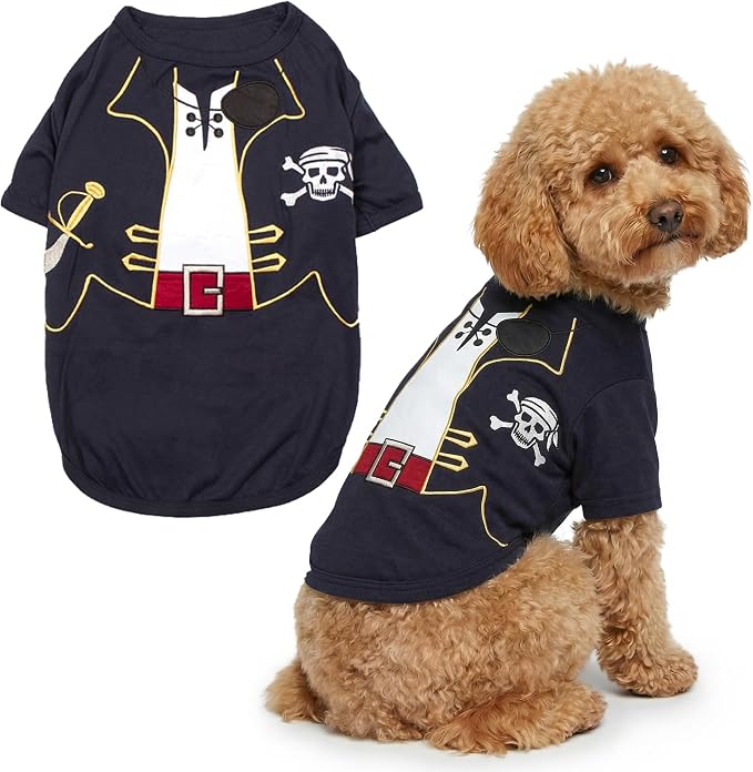 Parisian Pet Captain Sparrow Dog Costume - 100% Cotton Black Dog Clothes for Large Dogs Boys - Lightweight Puppy Outfits - Funny French Bulldog Clothes - Pirate Pet Shirt - Stretchy T Shirt for Dogs