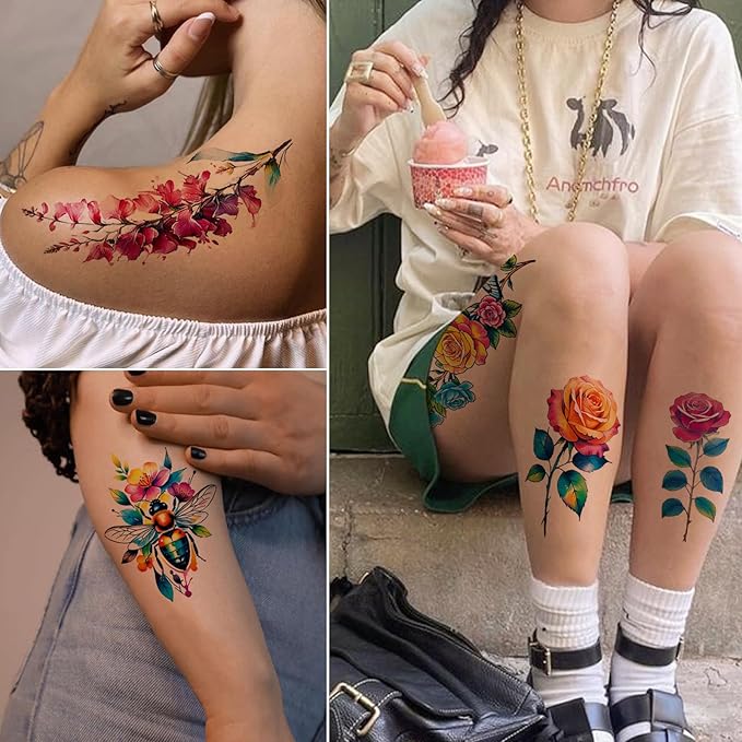 Tazimi 3D Large Watercolor Flower Temporary Tattoos For Women Watercolor Roses Flower Butterfly Sunflower Daisy Tattoos Sticker Girls Adults Waterproof Realistic Arm Body Colourful Tattoos