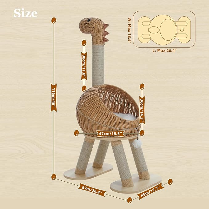 PAWZ Road Dinosaur Cat Tree 46” Cat Scratching Posts with Large Rattan Bed | Modern Cat Furniture with 18.5 Dia Cat Bed and Removable Mat, Themed Cat Tower 5 Scratching Posts for Indoor & Large Cats