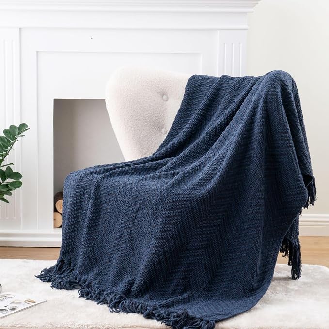 BATTILO HOME Navy Blue Throw Blanket for Couch, 60"x80" | Super Soft Cozy Warm Dark Blue Throws for Twin Bed, Knit Woven Chenille Blanket Versatile for Sofa Bedroom Home Decor