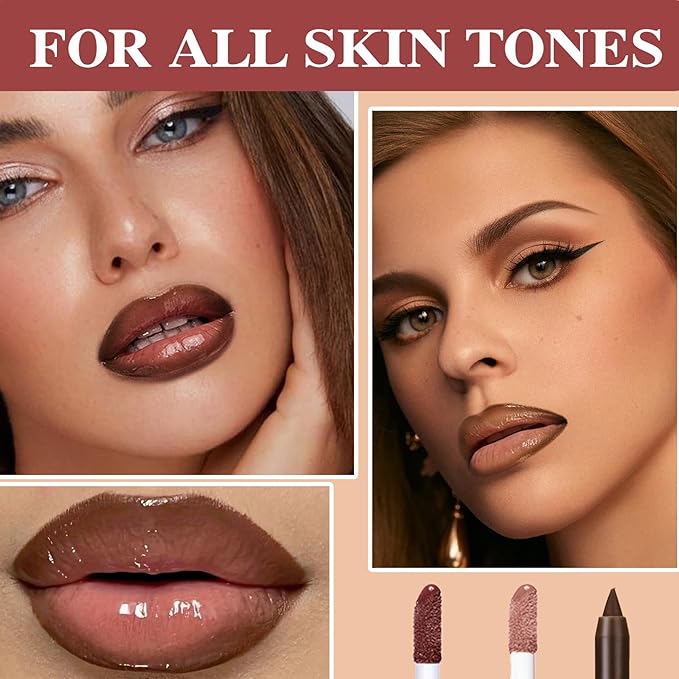 2 Colors Nourishing Lip Gloss & Liner Combo, Non-Sticky Lip Plumper with Natural Nude Tinted Lip Oil, Moisturizing Lightweight Lip Kit for Women, Long Wear Shiny Lip Gloss with Lip Liner Set