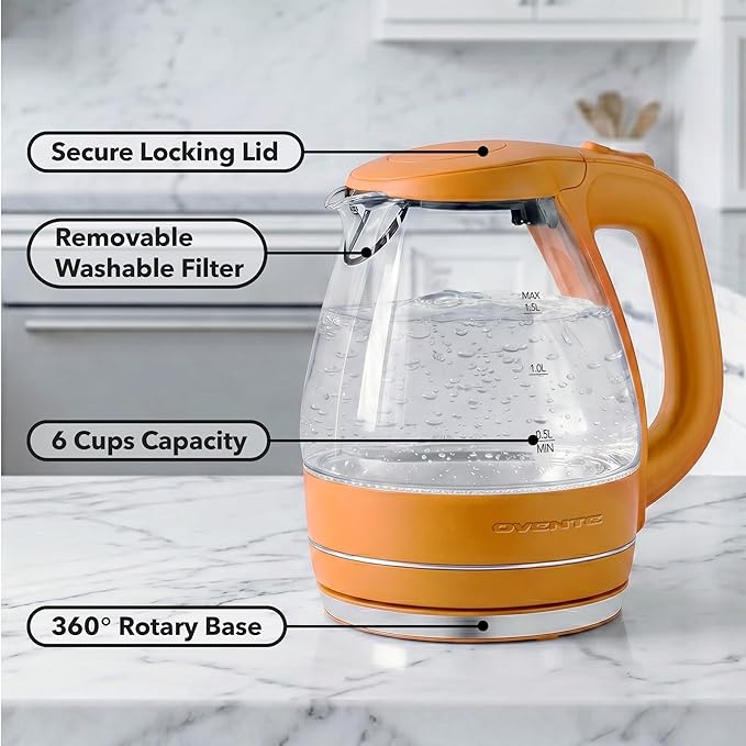 OVENTE Electric Kettle, 1.5L Borosilicate Glass Countertop Water Heater and Boiler for Coffee or Tea, BPA-Free, Auto Shut-Off, Boil-Dry Protection, Removable and Washable Spout Filter, Orange KG83O