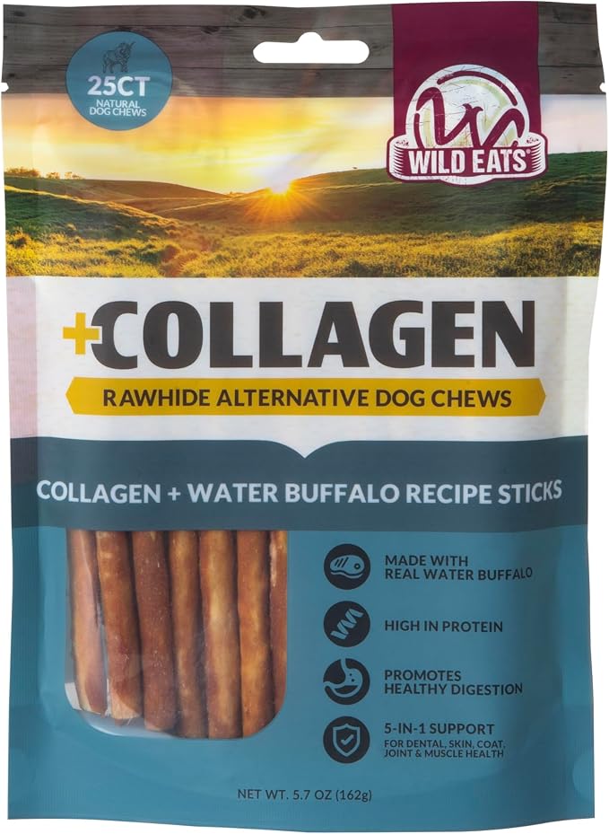 Wild Eats Water Buffalo Collagen Sticks for Dogs (25 Pack, 0.6 cm Wide) Long Lasting Dog Chews, No Hide Dog Treat Bully Stick Alternative, Rawhide Free, Grain Free, High Protein | Rawhide and grain free no hide chew treats, bully style alternative, 0.6...