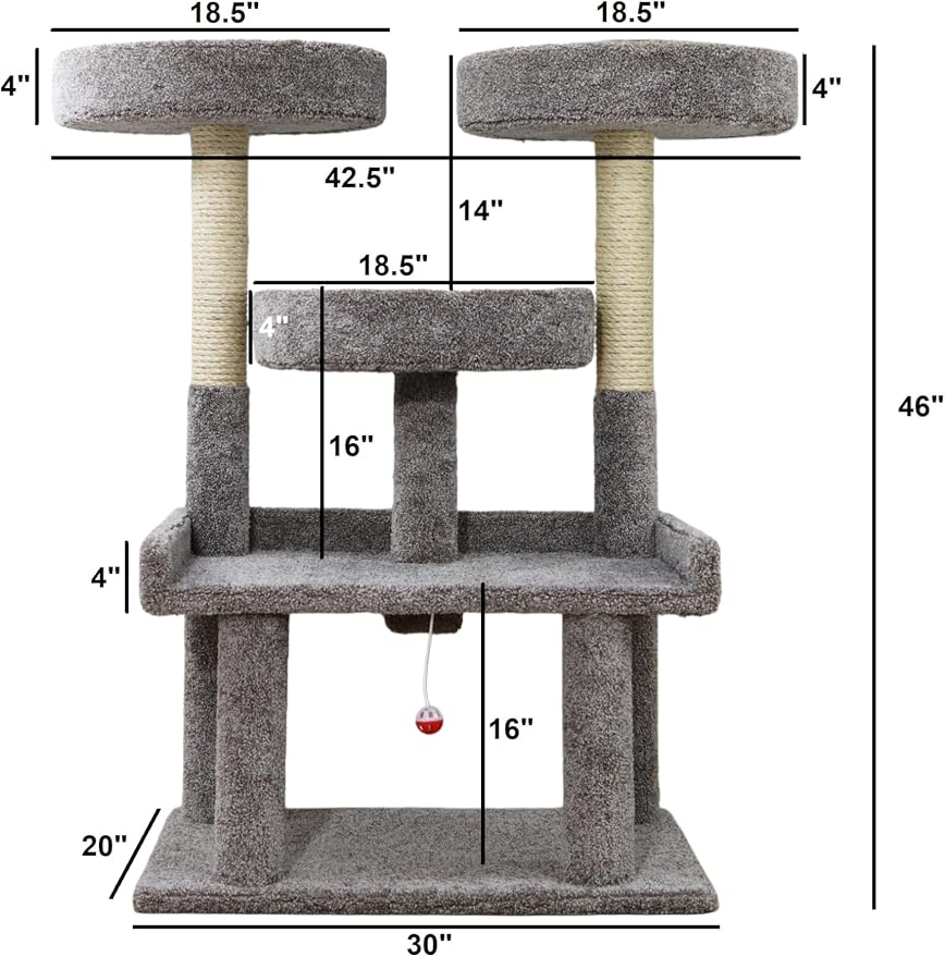 46″ XXL Heavy Duty Cat Tree – Extra-Large, Sturdy Indoor Cat Tower with Multiple Perches, Sisal Scratch Posts & Solid Wood Base (Gray)