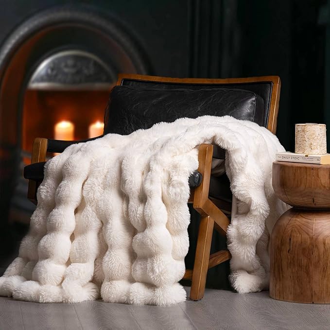 Faux Rabbit Fur Bubble Throw Blanket, 90"x90", Ivory White | Ultra Soft, Luxury Faux Rabbit Fur Throw, Thick Warm Bubble Blanket, Cozy Fluffy Reversible, for Bed, Couch, Chair, Sofa