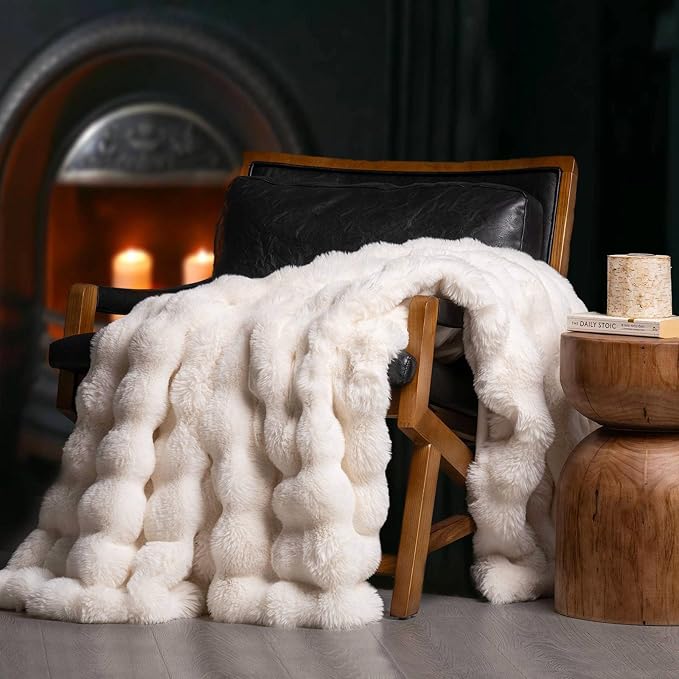 Faux Rabbit Fur Bubble Throw Blanket, 50"x60", Ivory White | Ultra Soft, Luxury Faux Rabbit Fur Throw, Thick Warm Bubble Blanket, Cozy Fluffy Reversible, for Bed, Couch, Chair, Sofa