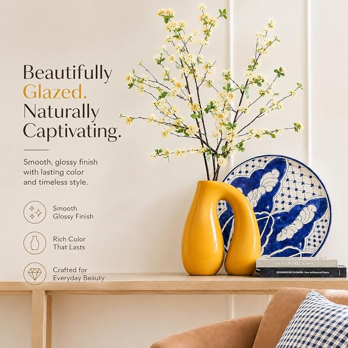 Yellow Ceramic Vase for Pampas, Boho Shelf & Table Decor | Holds Dried Stems and Faux Florals - Sculptural Accent for Mantel, Console and Entryway