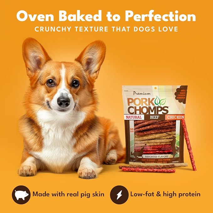 Pork Chomps Dog Chews, 5 in Munchy Sticks, Assorted Flavors, 50 Count | Oven-baked from real pork skin - a rawhide-free chew that's low in fat, high in protein, and easy to digest