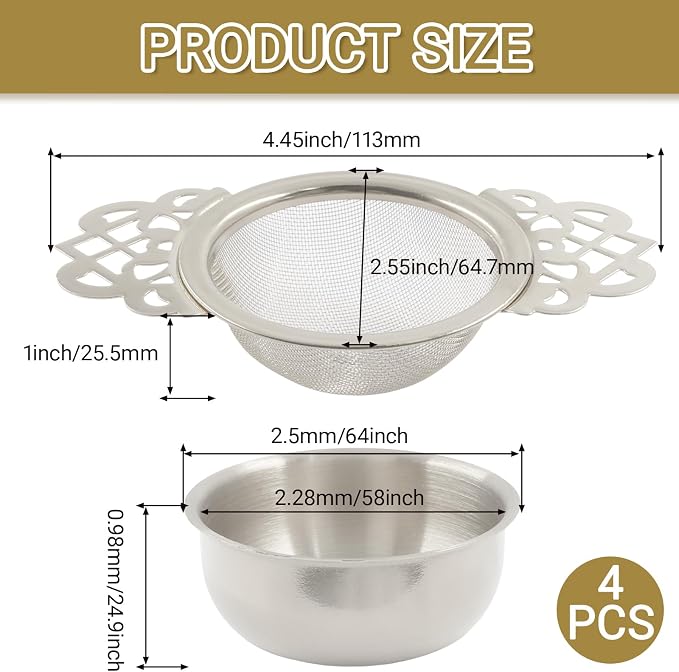 4 Pack Tea Strainer Bowl,Stainless Steel Small Tea Strainers Fine Mesh Loose Tea Infusers,Ideal Tea Filter for 2.5-4 Inch Cup Mouth/Tea Lovers(Silver)