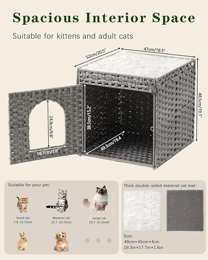 SETVSON Cat Houses for Indoor Cats Extra Large Double Cat Cave, Gray | Spacious Multi-Cat House, Furniture End Table Look, Soft Washable Cushion, Sturdy Metal Frame, 18.5x20.5x19.1 In Woven Cube