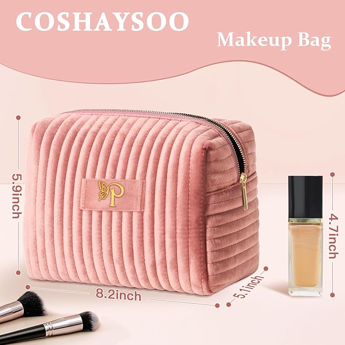 COSHAYSOO Travel Makeup Bag Quilted Make Up Pouch Initial Cosmetic Case with Butterfly Decorations for Women Lipstick Glossier Lipgloss Lip Stain Moisturizer Mascara Eyeliner Organizer Pink Letter P