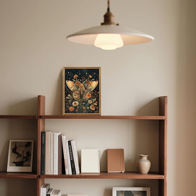 ICHZUMW Framed William Morris Moth Floral Vintage Canvas Wall Art 8x10 In | Dark Cottagecore Prints, Antique Aesthetic Celestial Wall Decor for Bedroom Living Room Bathroom Office, Ready to Hang