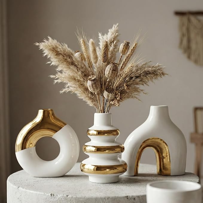 White and Gold Ceramic Vase Set of 3, Flower Vases for Pampas Grass | Modern Boho Vase for Decor, Decorative Vases Centerpieces for Wedding Living Room Bedroom Coffee Table Dinner Table