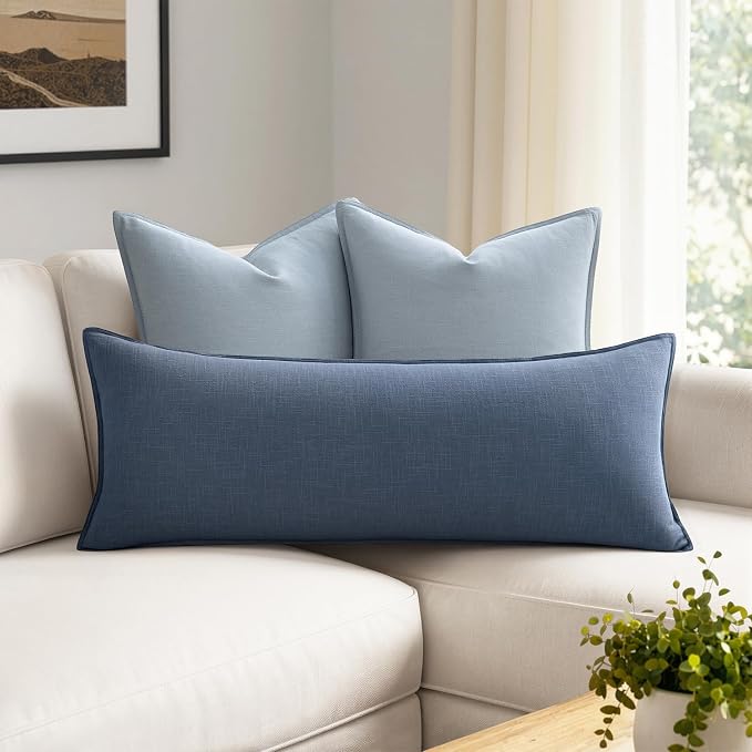 MIULEE Decorative Linen Lumbar Pillow Cover 14x36 Inch Blue Ashes | Boho Farmhouse Couch Long Throw Pillow for Bed, Pack of 1 Accent Coastal Modern Pillowcase, Sofa Livingroom Home Decor