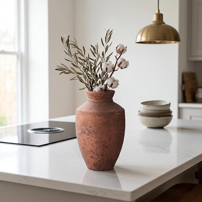 Terracotta Vase, 10 Inch Large Ceramic Flower Vases Rustic Farmhouse Pottery Vase for Home Decor Fireplace Entryway Kitchen Living Room Shelf Mantle Table Decor Brown