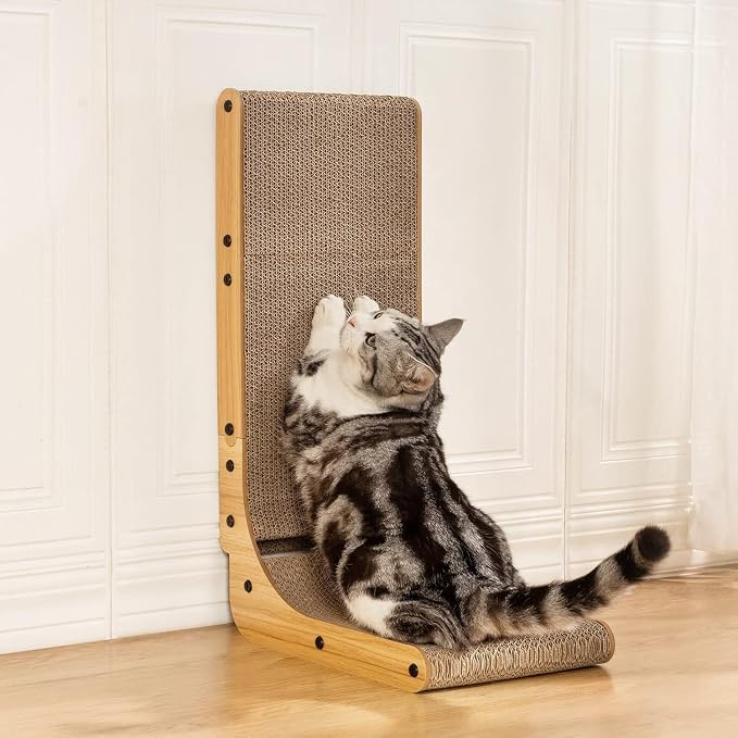 Poils bebe L Shape Cat Scratcher, 26.8 Inch Cat Scratchers for Indoor Cats | Protecting Furniture Cat Scratch Pad, Cardboard Cat Scratching with Ball Toy, Catnip, Large