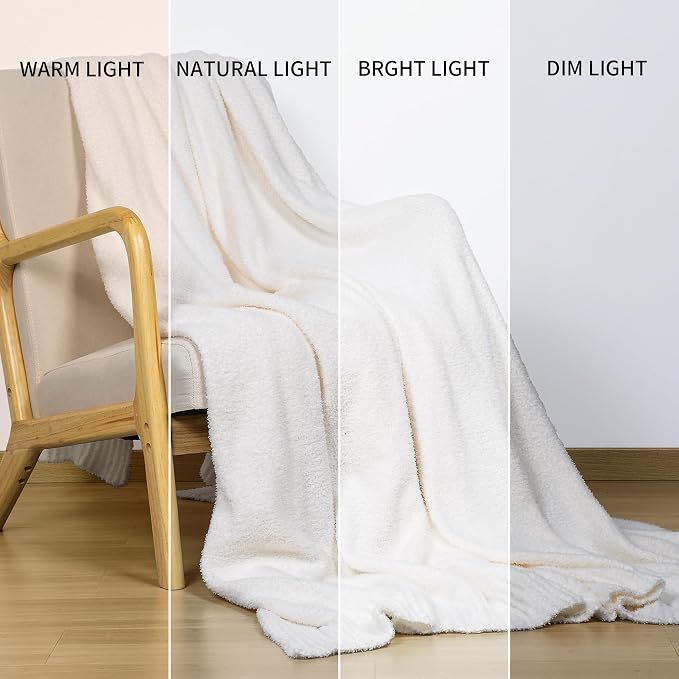 Cream White Fuzzy Knitted Blanket, Soft Lightweight Plush Queen Size for Bed, Cozy Nights (90x90)