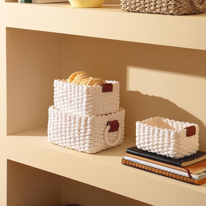 LA JOLIE MUSE Small Wicker Baskets for Organizing, White 3 Pack | Decorative Organizer with Vegan Leather Tag, Round Handle, Storage Baskets for Shelves, Bedroom, Kitchen, Office and Home