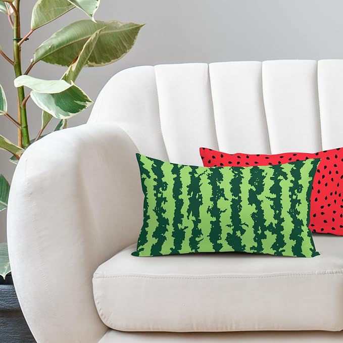 Watermelon Lumbar Pillow Covers 12X20 Inch Set of 2 Summer Fruits Decorative Pillow Cases Green Red Stripes Cotton Linen Cushion Case Farmhouse Modern Home Decor for Sofa Couch Bedroom