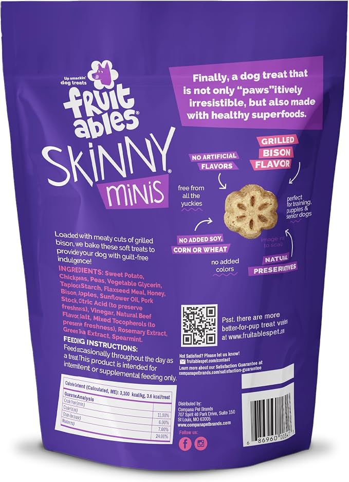 Fruitables Skinny Mini Dog Treats, Healthy Sweet Potato Treat for Dogs, Low Calorie & Delicious, Puppy Training, No Wheat, Corn or Soy, Made in the USA, Grilled Bison Flavor, 20oz