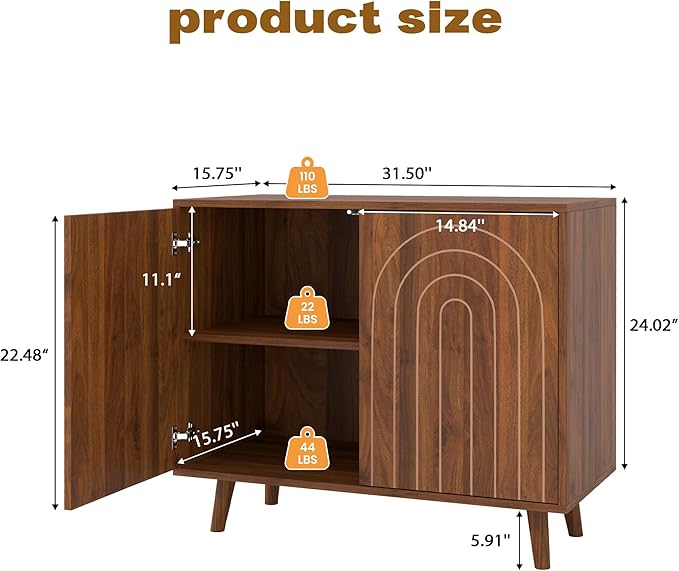 weselon Accent Cabinet with Carving Lines, Modern Buffet Sideboard with Adjustable Shelves, Decorative Storage Cabinets for Bedroom Living Room Kitchen Office and Hallway (Walnut, 1)