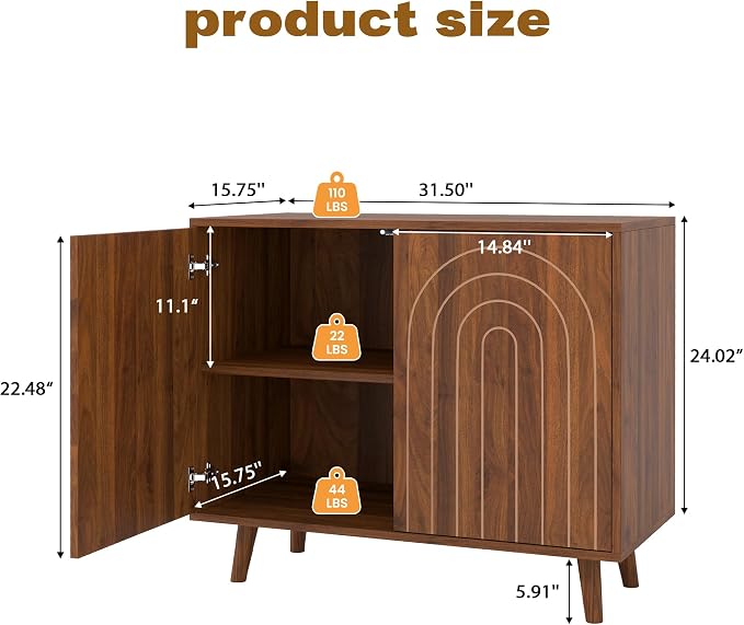 weselon 63" Sideboard Buffet Cabinet Set of 2, Modern Accent Cabinet with Carving Lines, Decorative Storage Cabinets for Living Room Kitchen Office and Hallway (Walnut, 2)