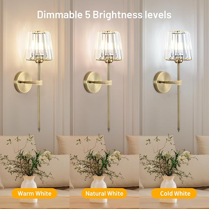 Crystal Battery Operated Wall Sconces Set of 2, Brass Rechargeable Wireless Wall Lights with Crystal Lampshade, 12 RGB and 3CCT Dimmable Wall Lamp with Remote for Bedroom Living Room Hallway