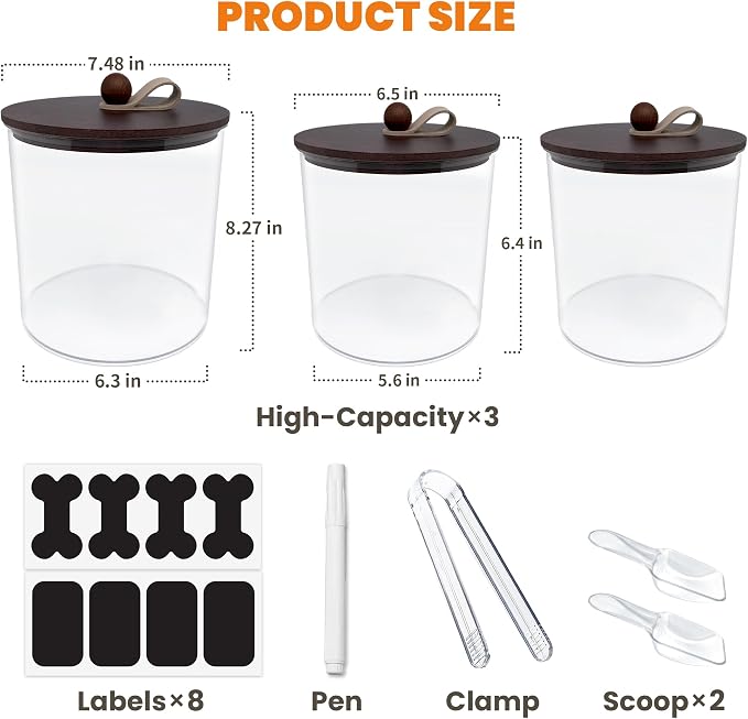 HOYTAMDAR 3 Pack Airtight Dog Treat Containers Bamboo Lids, Dog Treat Jars