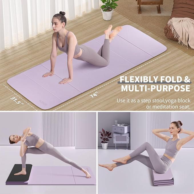 Foldable Extra Large Yoga Mat 74"×31.5", 8mm Double-Sided Non Slip Lightweight Fitness Mat for Adults & Kids, Portable for Home Studio & Travel