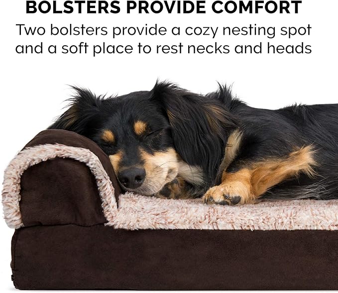 Furhaven Memory Foam Dog Bed for Large Dogs w/ Removable Bolsters & Washable Cover, For Dogs Up to 95 lbs - Two-Tone Plush Faux Fur & Suede L Shaped Chaise - Espresso, Jumbo/XL