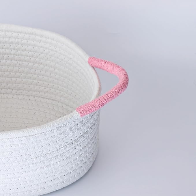 Yimi's Dream White and Pink Cotton Rope Gift Basket with Handle, 12 x 8 in | Empty Oval Woven Storage Basket for Baby Shower, Easter, Valentine's Day, Birthday, Nursery, Toy, Mom, Shelves, Home Decor
