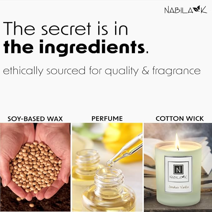 Nabila K – Smokey Vanilla - Soy-Based Candle – Anise, Nutmeg, Spicy Clove, Ginger, Sweet Vanilla, Amber - Hand-Poured - Cotton Wick - Aromatherapy Candle w/Essential Oils - Made in USA - 14 oz