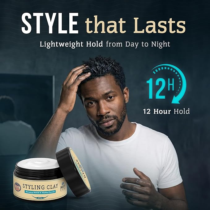 Smooth Viking Hair Clay for Men - Strong Hold Clay Pomade, Matte Finish, Oil-Free, Made in USA, All Hair Types, Natural Scent, Easy Wash Out, Thickening, Nourishing, 2oz