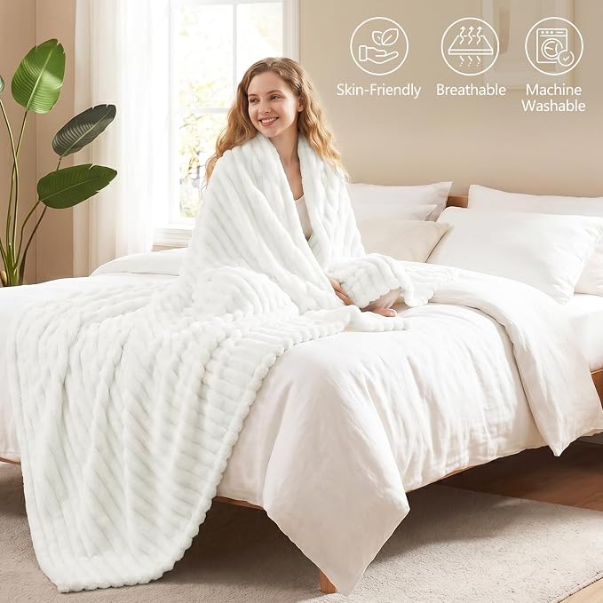 Off White Throw Blanket for Couch & Bed, 50 x 60 Inch | 300GSM Ribbed Fleece Blanket, Soft, Cozy & Lightweight, OEKO-TEX Certified, All-Season Use for Travel, Dorm & Home Decor