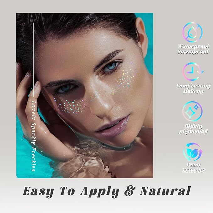 6 pcs Holographic Glitter Freckles Face Tattoo, Waterproof Sparkle Body Glitter Speckles Patches for Women, Cute Star Glitter Stickers Temporary Tattoo Makeup Accessories for Festival Rave