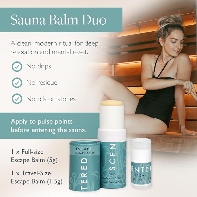 Scentered Sauna Balm Duo - Escape Essential Oils Blend Aromatherapy Balm Stick for Sauna Rituals - Sauna Accessories Set with Oud, Frankincense & Sandalwood - Sauna Gifts
