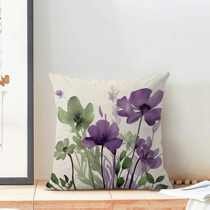 Spring Floral Pillow Covers 20x20 Inches Set of 2 Sage Green Purple Floral Throw Pillow Covers Outdoor Summer Flower Decoration Pillowcase Farmhouse Decorative Cushion Cover for Home Couch