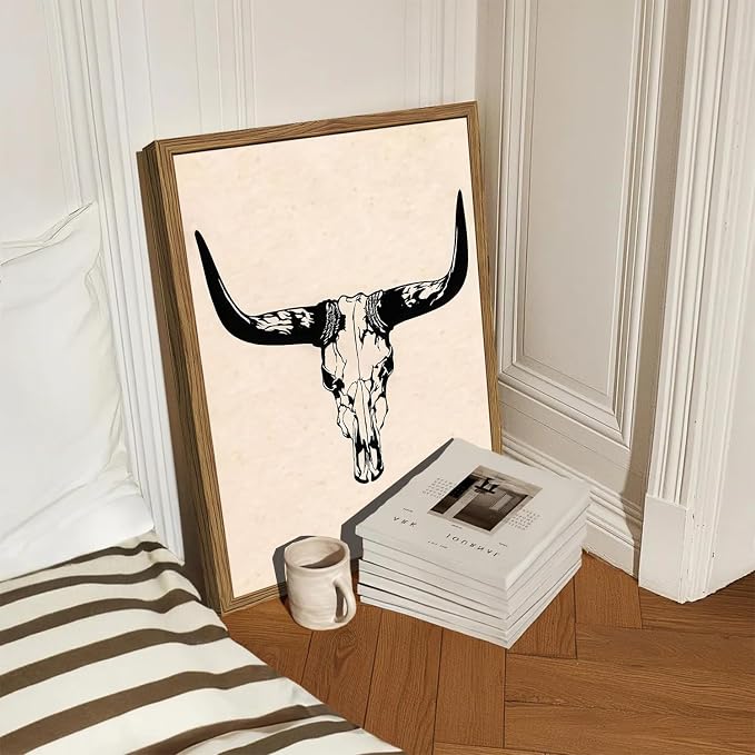 Vintage Western Wall Art Set of 3, Southwestern Cowboy Wall Decor Paintings, Black and White Longhorn Bull Skull Canvas Prints for Bedroom Living Room 16x24 inch Wood Framed