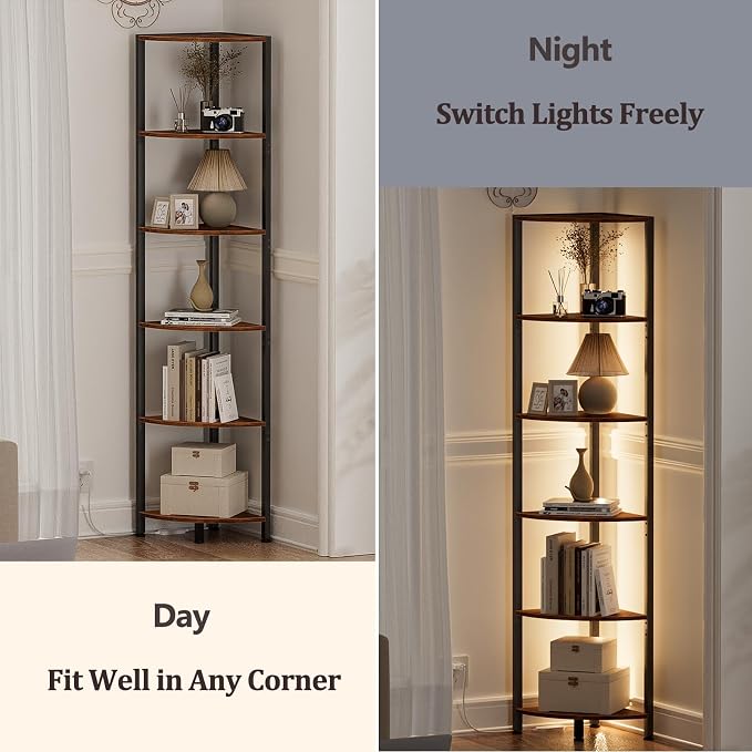 6 Tier Corner Shelf with LED Light, 67.5" Corner Narrow Bookshelf | Tall Standing Shelf Organizer, Storage Rack for Wall Corner, Living Room, Bedroom, Metal Frame, Wood Display Shelf