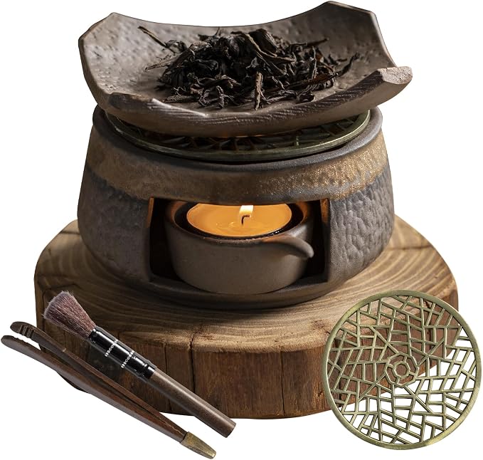 Cedar Aromatherapy Burner & Ceramic Oil Warmer for Home & Office (Heat-Resistant Tile Baking Tray + Stone-Patterned Oven + Old elm Wood mat + Accessories)