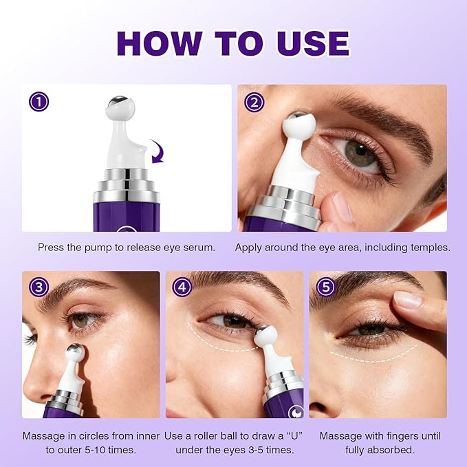 5% Caffeine Eye Serum, Eye Serum Cream Under Eye Roller Cream for Dark Circles and Puffiness Eye Care Eye Roller Serum with 360° Massage Ball, Eye Treatment Balm for Women