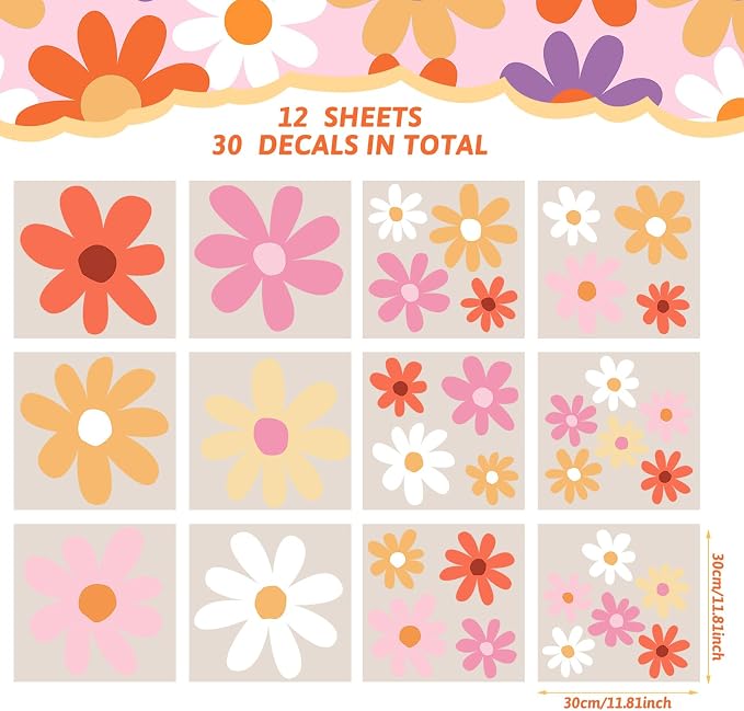 TaoBary 12 Sheet Daisy Wall Sticker Decal,Orange,Lovely Style | Big Flower Wall Sticker, Pink White Floral Decal, Daisy Bedroom Room Decor, Removable Peel and Stick, Nursery Home Wall Decor