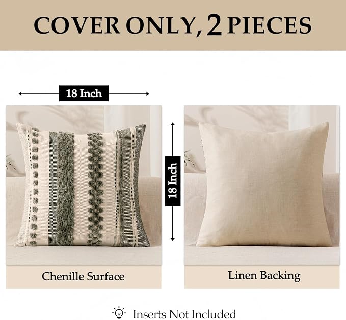 ANRODUO Boho Decorative Pillow Covers 20x20 Inch Gray Stripe 2 Pack of 2 | Throw Pillow Covers, Farmhouse Cushion Case, Chenille Pillow Cases, Pillow Covers, Accent Neutral Pillowcase for Sofa Couch