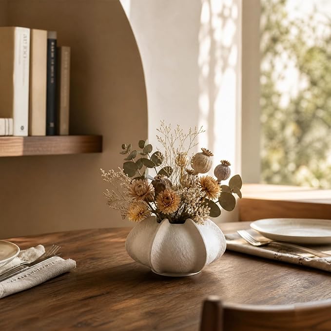 Ceramic Flower Vase Home Decor,3.9" Rustic Vintage Starfruit Shaped Beige Terracotta Vases，Modern Boho Living Room Farmhouse Table Vases Living Room Decor，Shelf Coffee Dining Desk Fireplace
