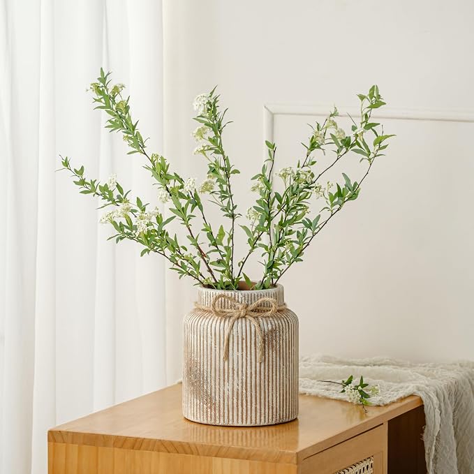 Rustic Ceramic Flower Vase, 7.2in Vintage Brown Ribbed Vases for Home Decor | Decorative Distressed Wide Mouth Terracotta Vases for Bedroom Living Room Table Centerpieces Shelf Cabinet Decorations