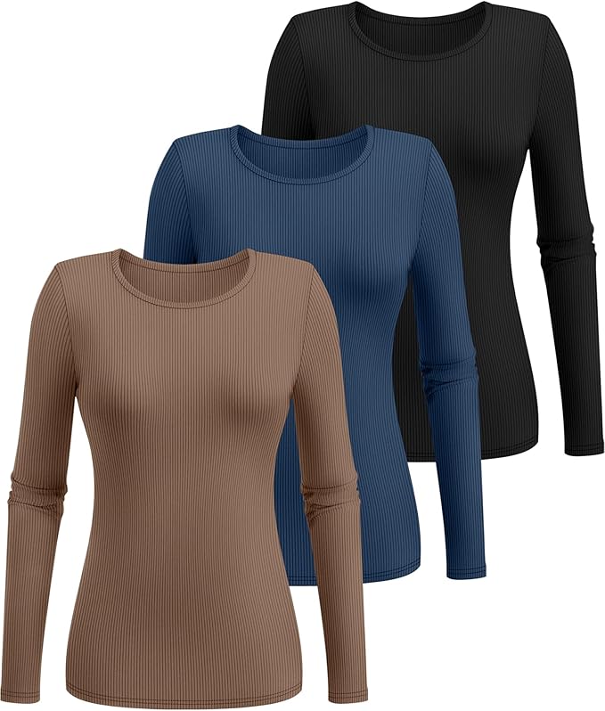Ficerd 3 Pack Women's Ribbed Long Sleeve Tops, Crew Neck Slim Fit Undershirts Knit Basic Casual Stretch Layering Tee Shirts