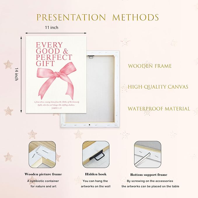 LARTSFRO Coquette Pink Bow Canvas Wall Art Decor Prints Posters, Pink Bow Room Bedroom Bathroom Dorm Wall Art Decor Aesthetic for College Teen Girls Gifts, Inspirational Bible Verses Bow Wall Decor, 11x14 Inch Set of 4 Pcs Bow Pictures (Canvas Framed 1...