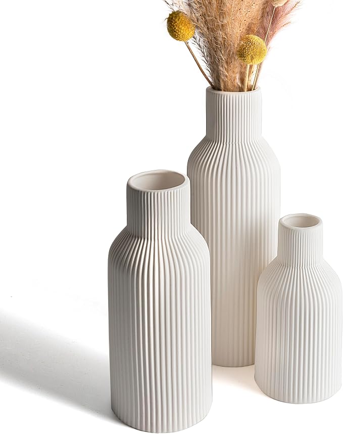 White Ceramic Flower Vase Set of 3 Matte Ribbed Waterproof | Waterproof interior for fresh or dried pampas. Minimalist centerpiece for living room, entryway, office, or wedding
